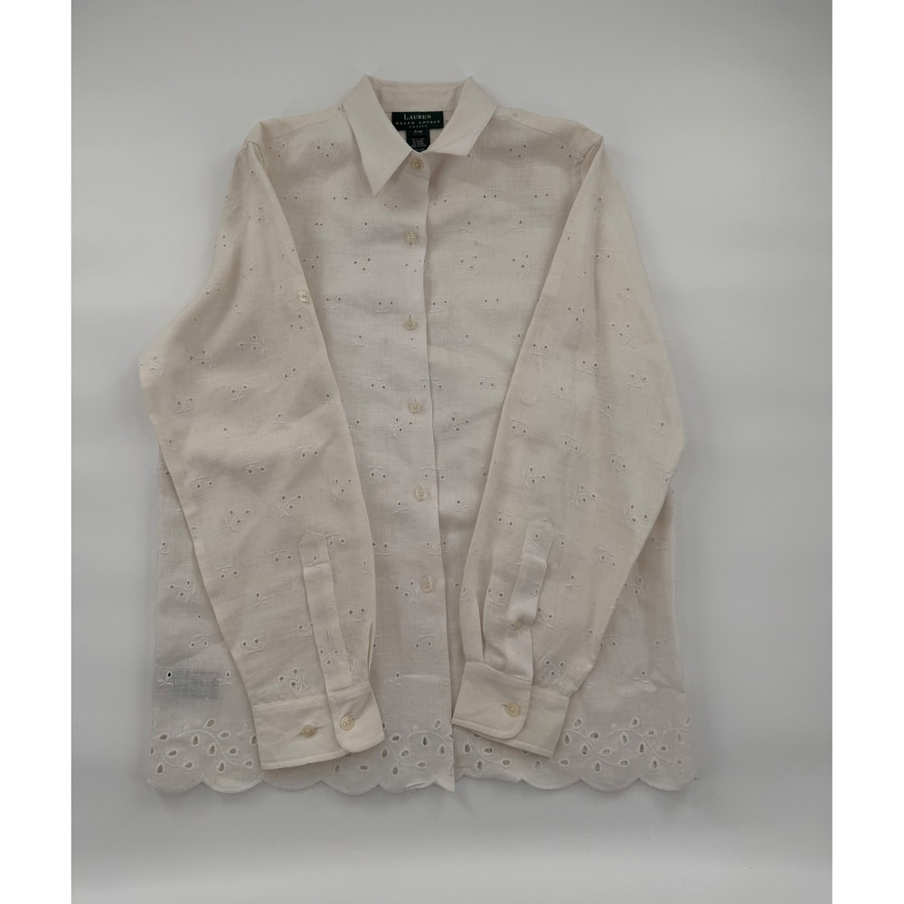 Lauren Ralph Lauren Petite Off White 100% Linen Eyelet Scallop Hem Shirt P/M